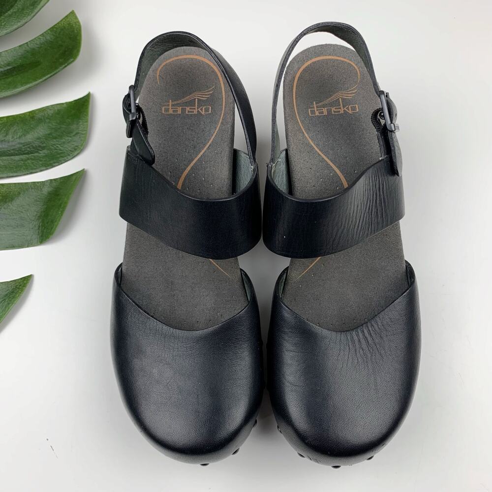 Dansko Black Leather Clog Sandals with Ankle Strap - Picture 2 of 11